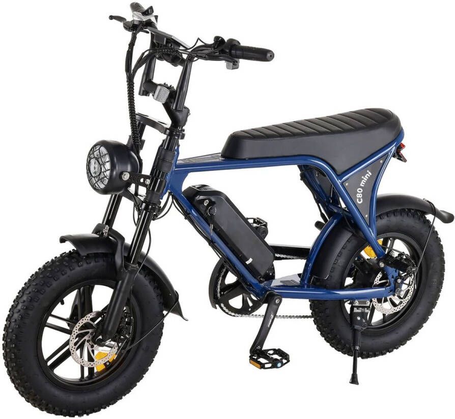 OUXI C80 Mini Elektrische Fatbike Ingebouwd Alarmsysteem Gratis Voetsteuntjes 16 Inch 250W Motor 7 Versnellingen 50 km Actieradius Mechanische Schijfrem Donkerblauw