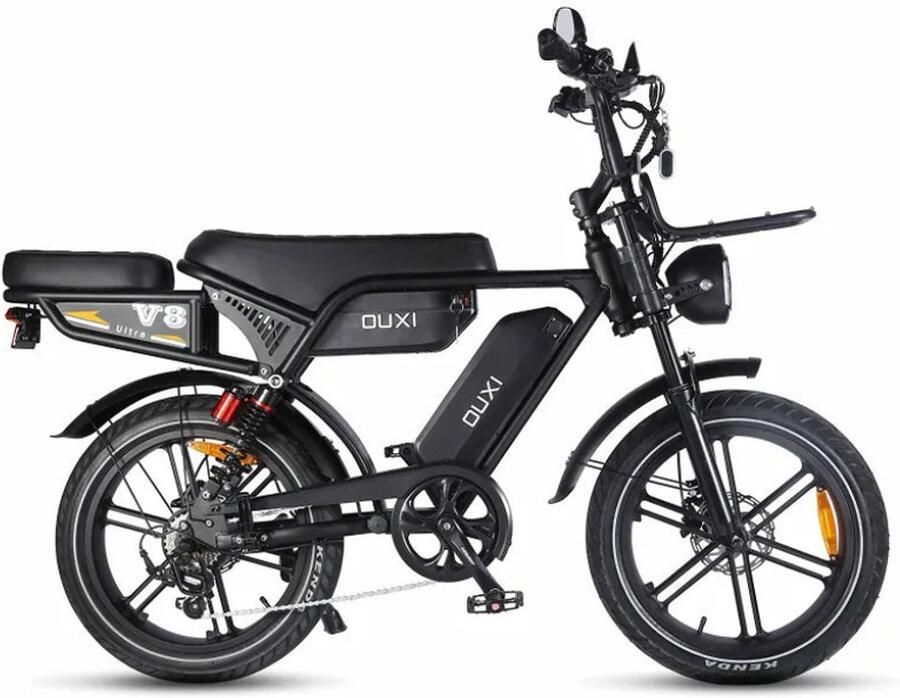 OUXI V8 Ultra Max Elektrische Fatbike Ingebouwd Alarmsystseem Inclusief Achterzitje Inclusief Voorrekje NFC-chip 20 Inch 250W Motor 7 Versnellingen 120 km Actieradius Hydraulische Schijfrem Zwart
