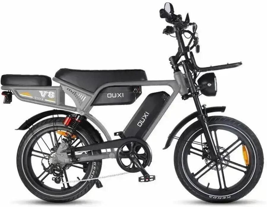 OUXI V8 Ultra Max Elektrische Fatbike Ingebouwd Alarmsystseem Inclusief Achterzitje Inclusief Voorrekje NFC-chip 20 Inch 250W Motor 7 Versnellingen 120 km Actieradius Hydraulische Schijfrem Grijs