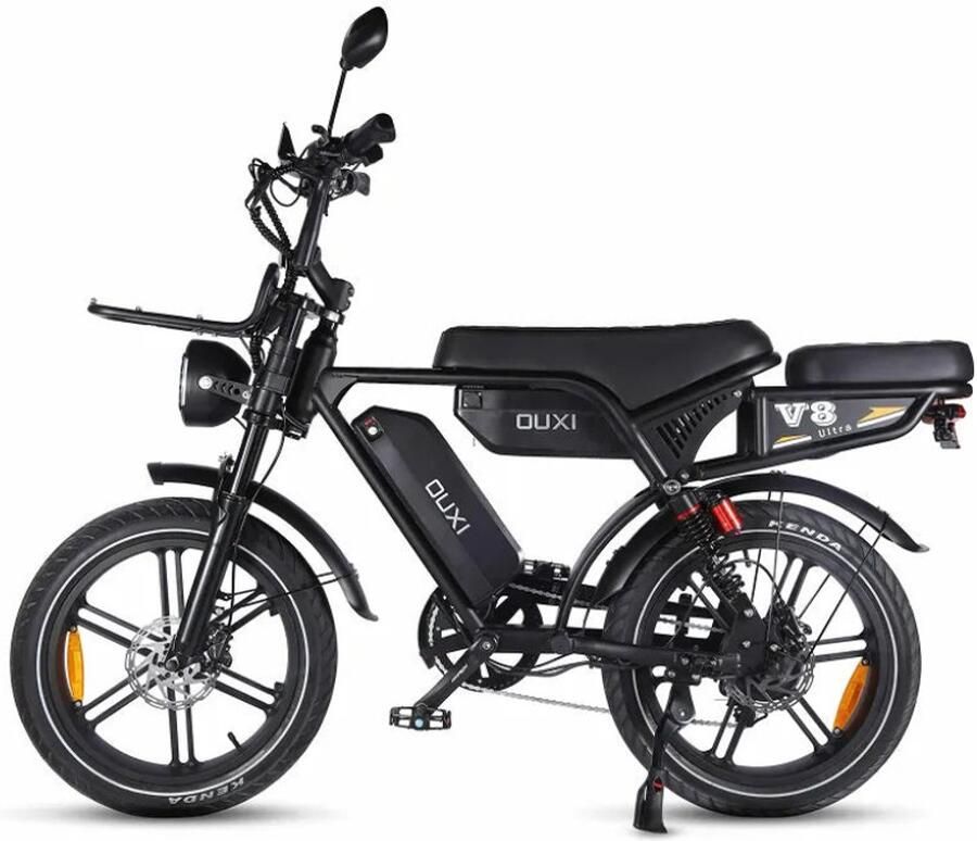 OUXI V8 Ultra Max Elektrische Fatbike Ingebouwd Alarmsystseem Inclusief Achterzitje Inclusief Voorrekje NFC-chip 20 Inch 250W Motor 7 Versnellingen 120 km Actieradius Hydraulische Schijfrem Zwart