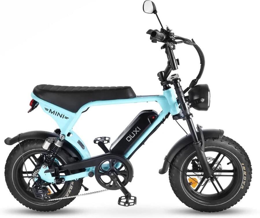 OUXI V8 Ultra Mini Elektrische Fatbike Ingebouwd Alarmsysteem Inclusief Voetsteuntjes Inclusief Voorrekje -16 Inch 250W Motor 7 Versnellingen 50 km Actieradius Mechanische Schijfrem Lichtblauw