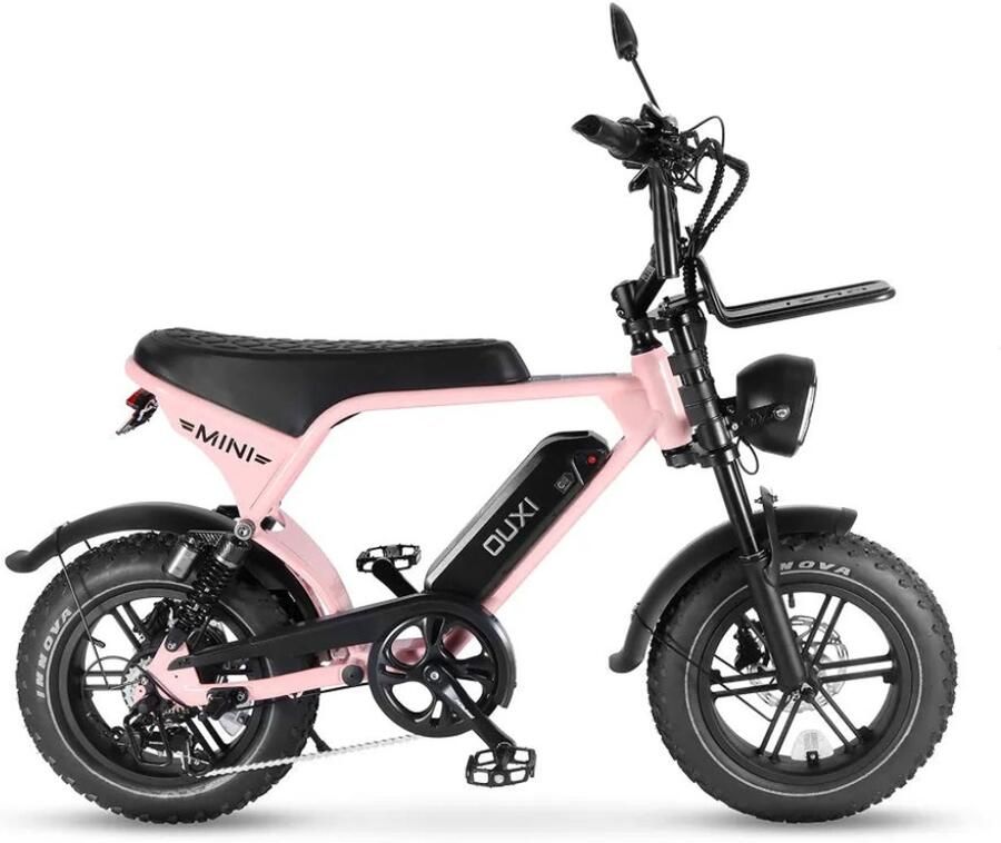 OUXI V8 Ultra Mini Elektrische Fatbike Ingebouwd Alarmsysteem Inclusief Voetsteuntjes Inclusief Voorrekje -16 Inch 250W Motor 7 Versnellingen 50 km Actieradius Mechanische Schijfrem Roze