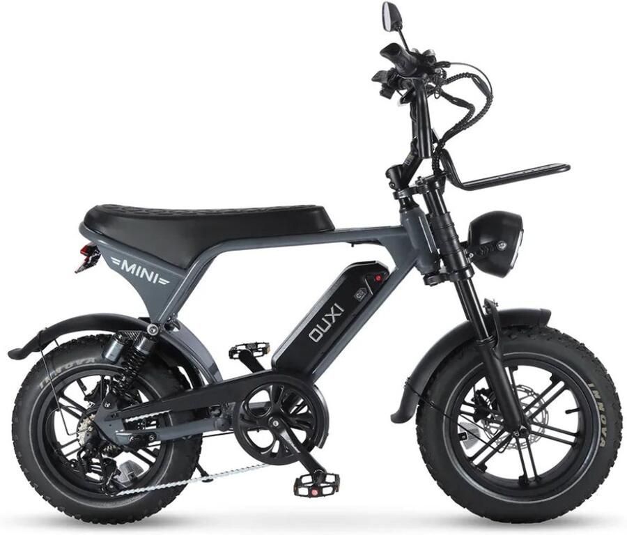 OUXI V8 Ultra Mini Elektrische Fatbike Ingebouwd Alarmsysteem Inclusief Voetsteuntjes Inclusief Voorrekje -16 Inch 250W Motor 7 Versnellingen 50 km Actieradius Mechanische Schijfrem Grijs