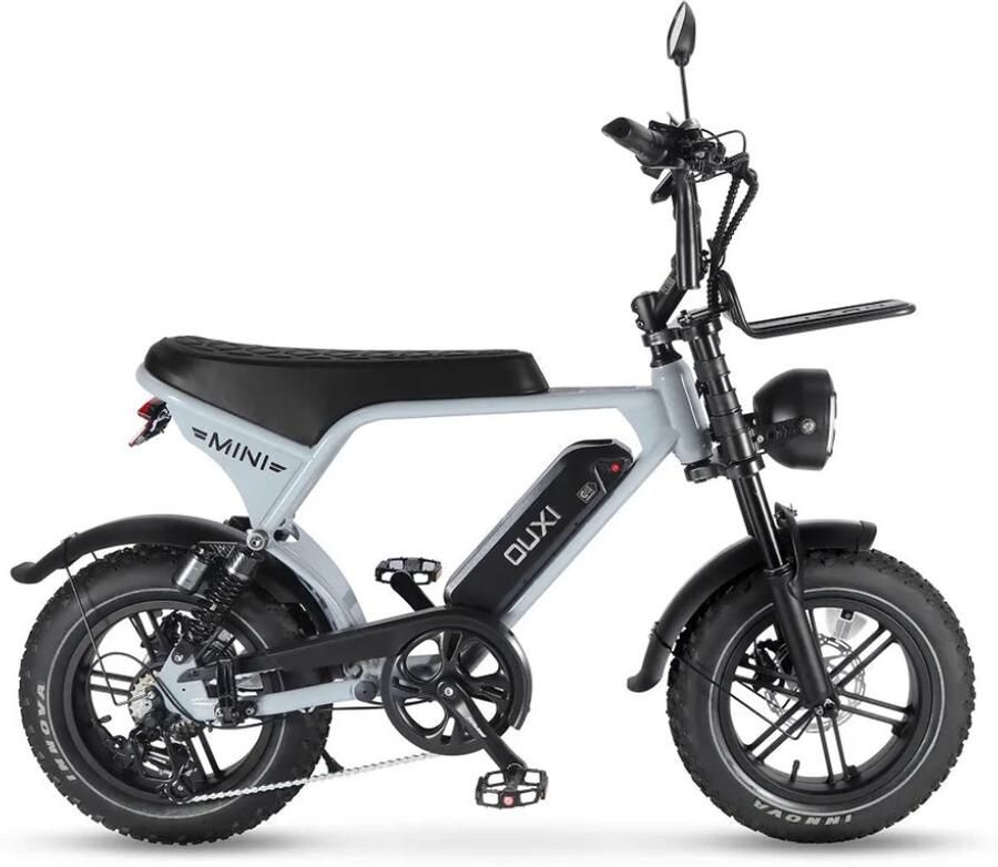 OUXI V8 Ultra Mini Elektrische Fatbike Ingebouwd Alarmsysteem Inclusief Voetsteuntjes Inclusief Voorrekje -16 Inch 250W Motor 7 Versnellingen 50 km Actieradius Mechanische Schijfrem Lichtgrijs