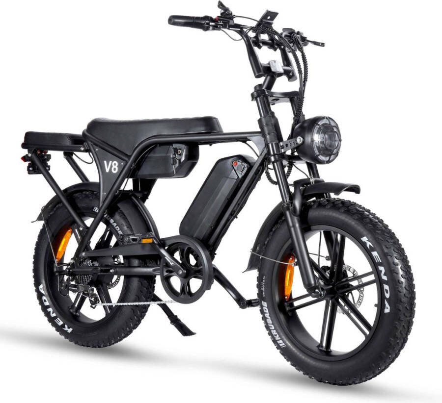 OUXI V8 Max Elektrische Fatbike Dubbele Accu Ingebouwd Alarmsystseem Gratis Achterzitje Gratis Voetsteuntjes Gratis Telefoontasje 20 Inch 250W Motor 7 Versnellingen 120 km Actieradius Hydraulische Schijfrem Zwart