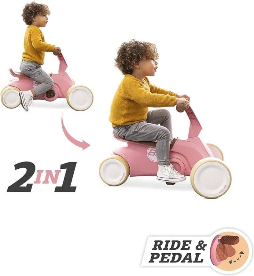 PEAM GO² 2-in-1 Retro Roze Glijauto En Loopfiets Kinderauto Met Uitklapbare Pedalen Geschikt Voor Kinderen Van 10-30 Maanden