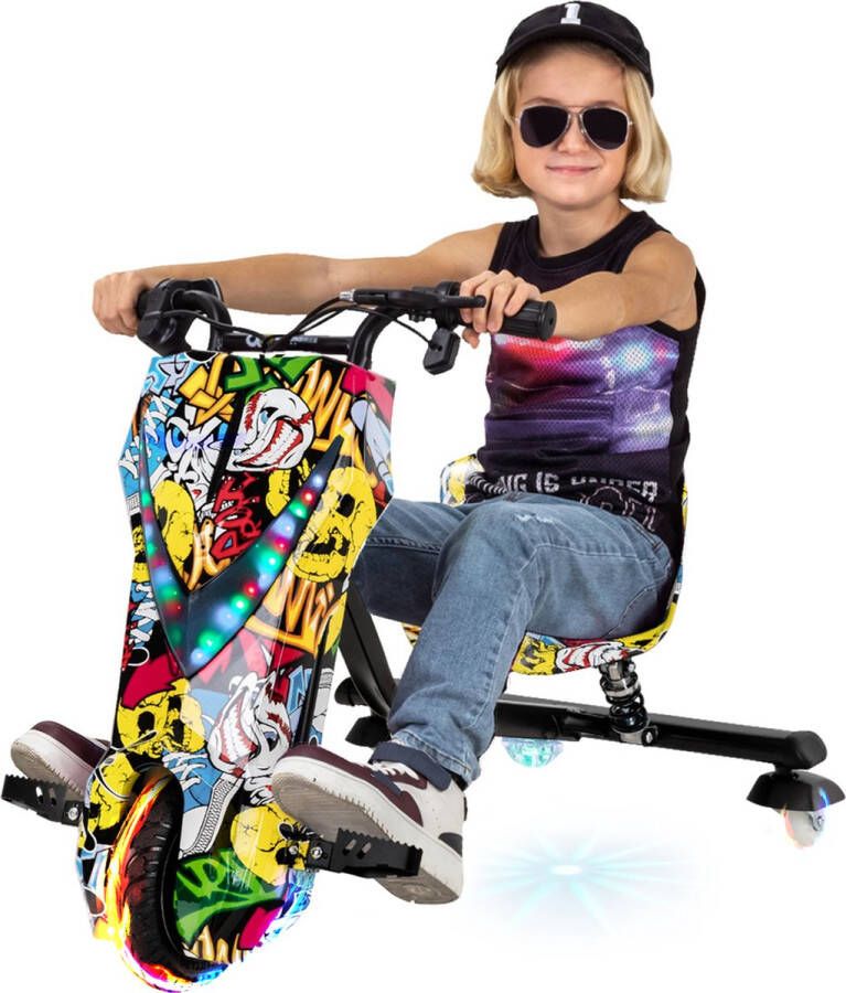 PlayOn Play-on Elektrische Drift Trike Gele Graffiti incl. Bluetooth speakers LED-Verlichting 15 20KM H DriftTrike