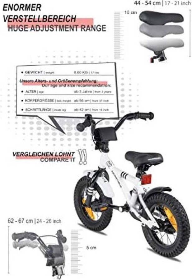 PolkaHome Kinderfiets 12 inch met zijwieltjes en terugtraprem in Wit BMX