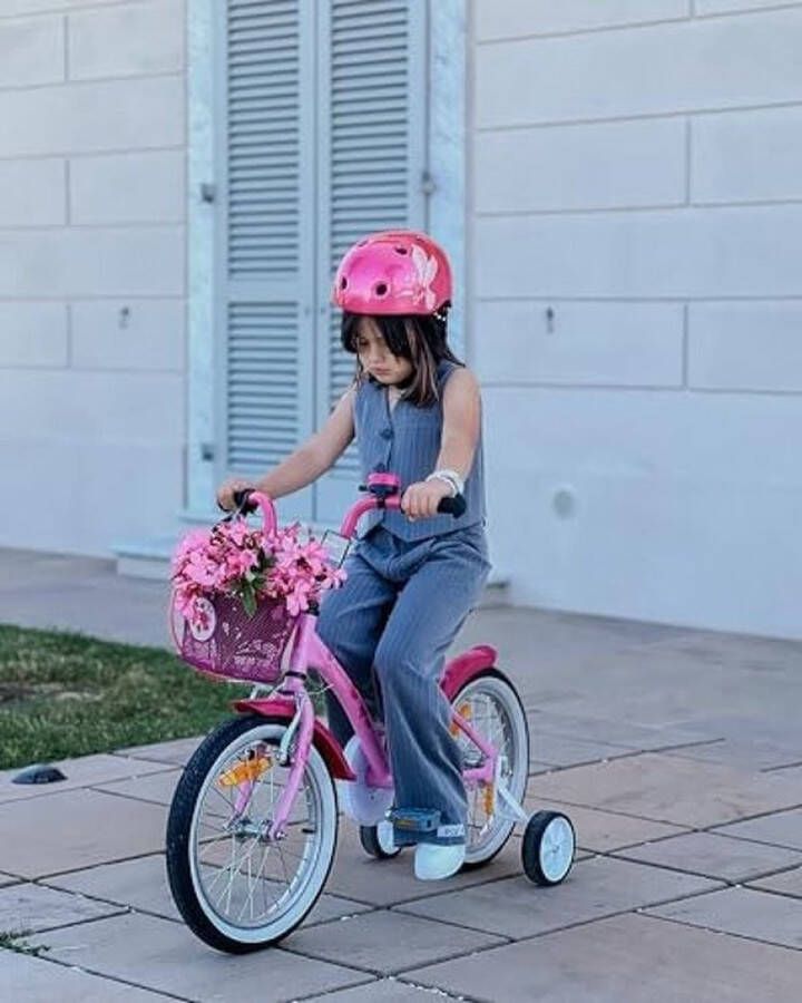 PolkaHome Kinderfiets 16 inch Meisjes Fiets voor Meisje van 5 jaar met Zijwieltjes en Terugtraprem in Roze