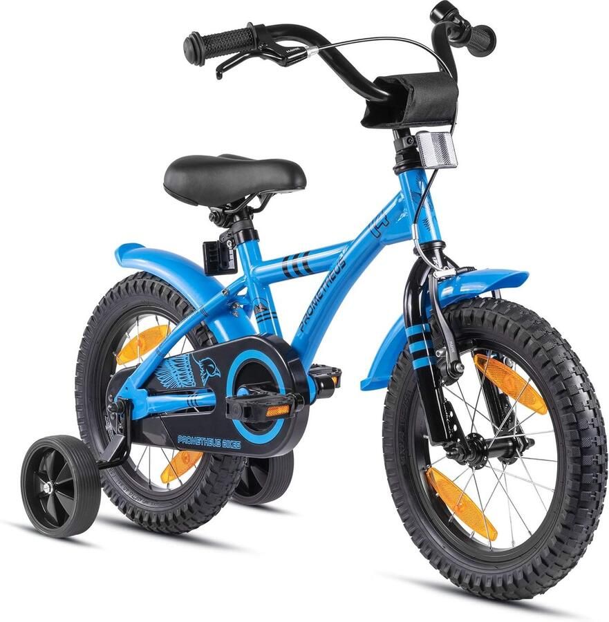 PROMETHEUS BICYCLES kinderfiets 14 inch fiets van 4 jaar oude met zijwieltjes terugtraprem in blauw BMX