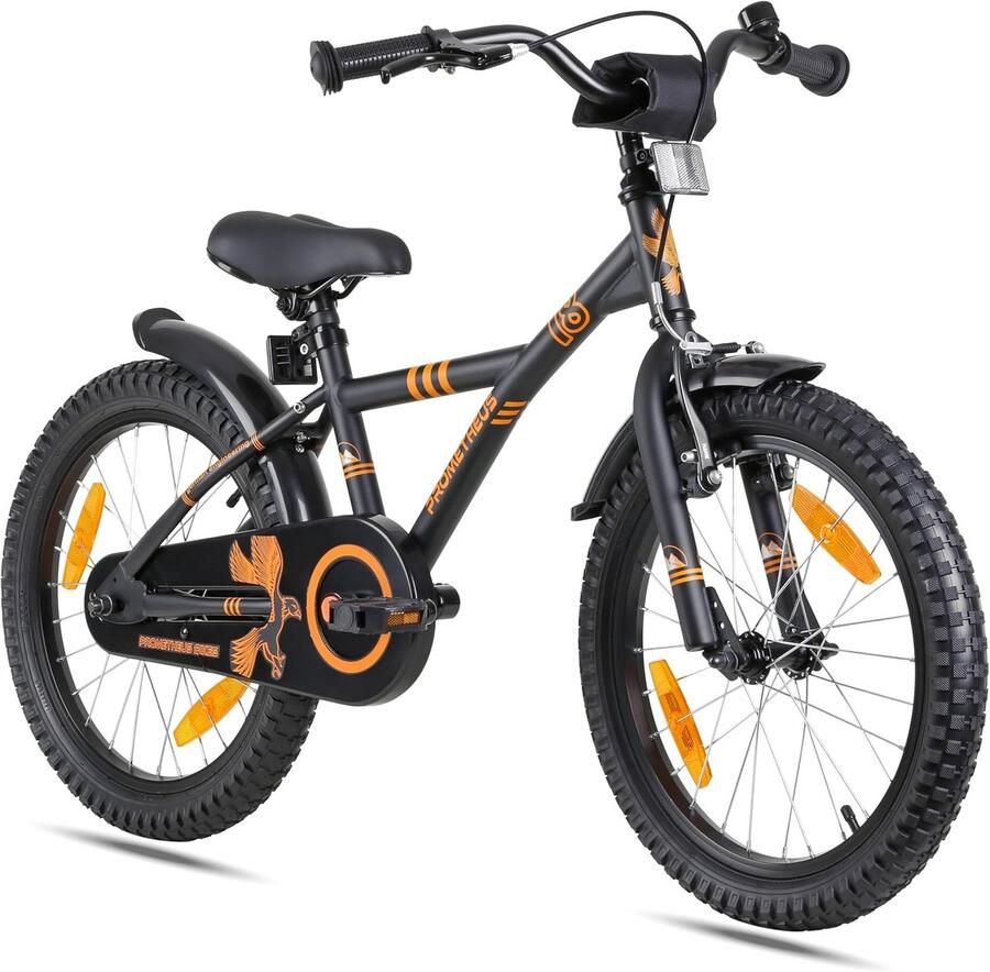 PROMETHEUS BICYCLES kinderfiets 18 inch fiets van 6 jaar oude met zijwieltjes terugtraprem in zwart mat oranje BMX