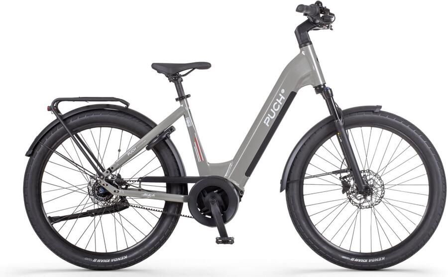 Puch E-Felice N7 Elektrische Fiets Aluminium Grijs Belt Drive 53cm Lage Instap 720Wh Accu Capaciteit 250W Ananda Middenmotor Hydraulische Rem