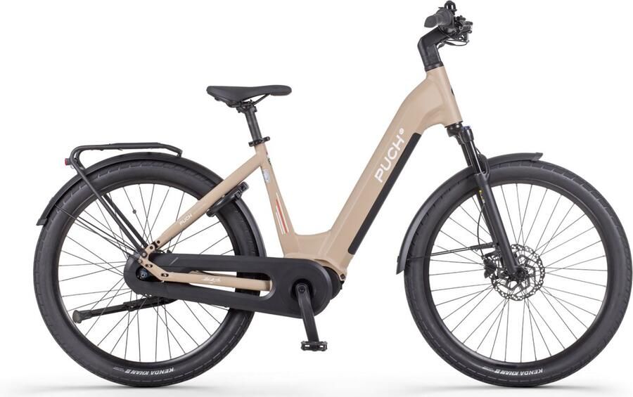 Puch E-Felice N7 Elektrische Fiets Mat Beige 48cm Lage Instap 720Wh Accu Capaciteit 250W Ananda Middenmotor Hydraulische Rem Shi o Nexus 7 Versnellingen