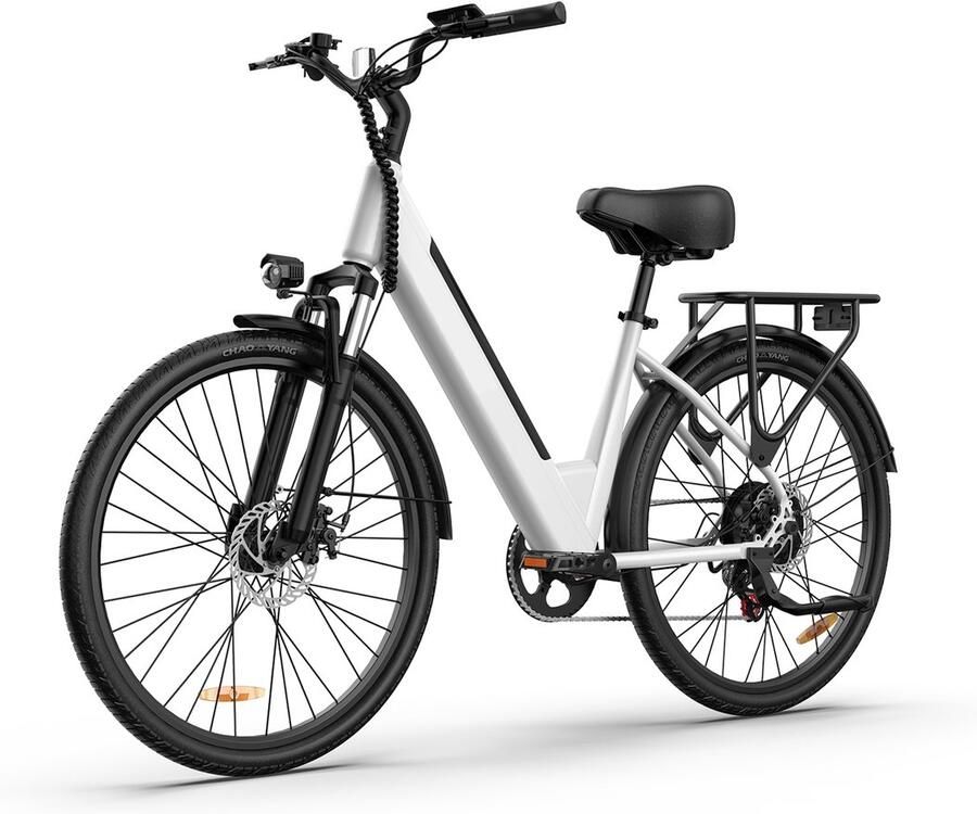 QEKUD E26 Elektrische Fiets 26 E Stadsfiets met Shi o 7 Versnellingen 250W Motor & 36V 13Ah Uitneembare Accu Schijfrem & LCD display Wit