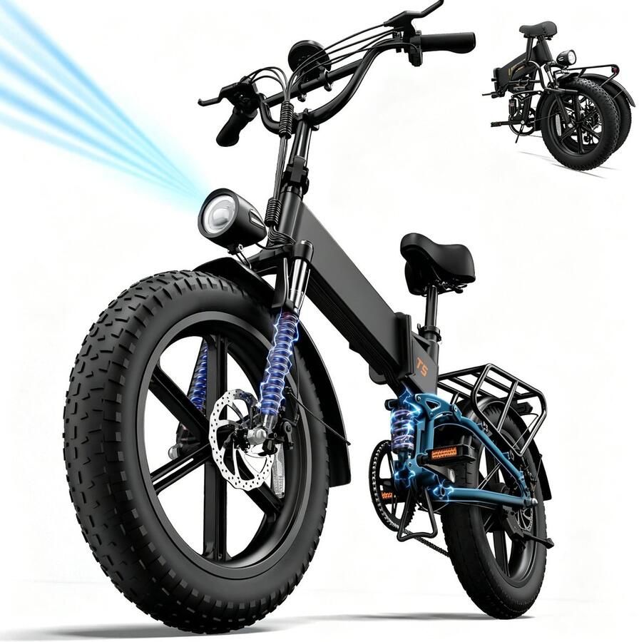 QEKUD T5 Elektrische Vouwfiets 20 Inch Fatbike met 7 Versnellingen 48V 13Ah Accu Remlichten & Richtingaanwijzers Vierpoot Vering & Schijfrem Grote Actieradius