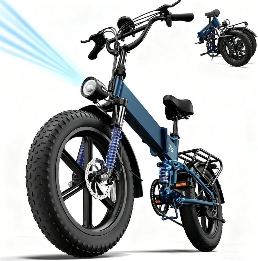 QEKUD T5 Elektrische Vouwfiets 20 Inch Fatbike met 7 Versnellingen 48V 13Ah Accu Remlichten & Richtingaanwijzers Vierpoot Vering & Schijfrem Grote Actieradius