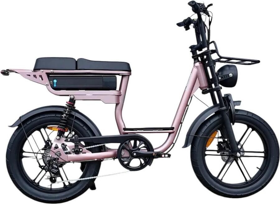 QmWheel V20 Comfort Elektrische Fatbike Lage Instap 20 Inch 250W Motor 7 Versnellingen 60 km Actieradius Hydraulische Schijfrem Rosé