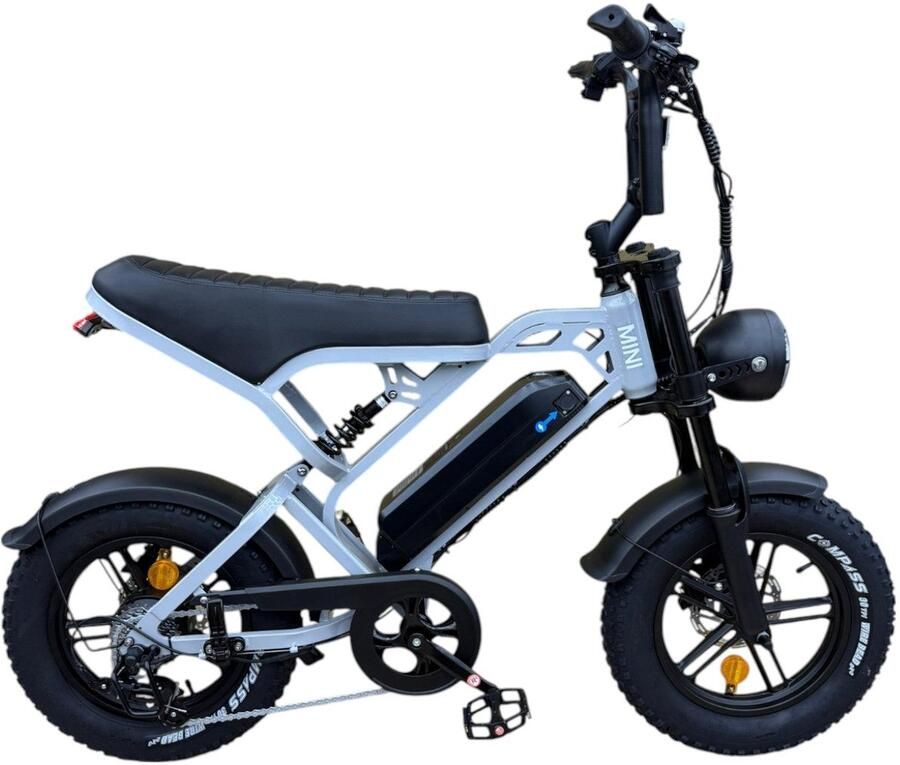 QmWheel V20 Mini Fatbike Kinderfatbike Grijs 16x4 inch 150 kg Draagvermogen Accu 36V (13Ah) 250W Motor Shi o 7 Versnellingen Hydraulische Schijfrem