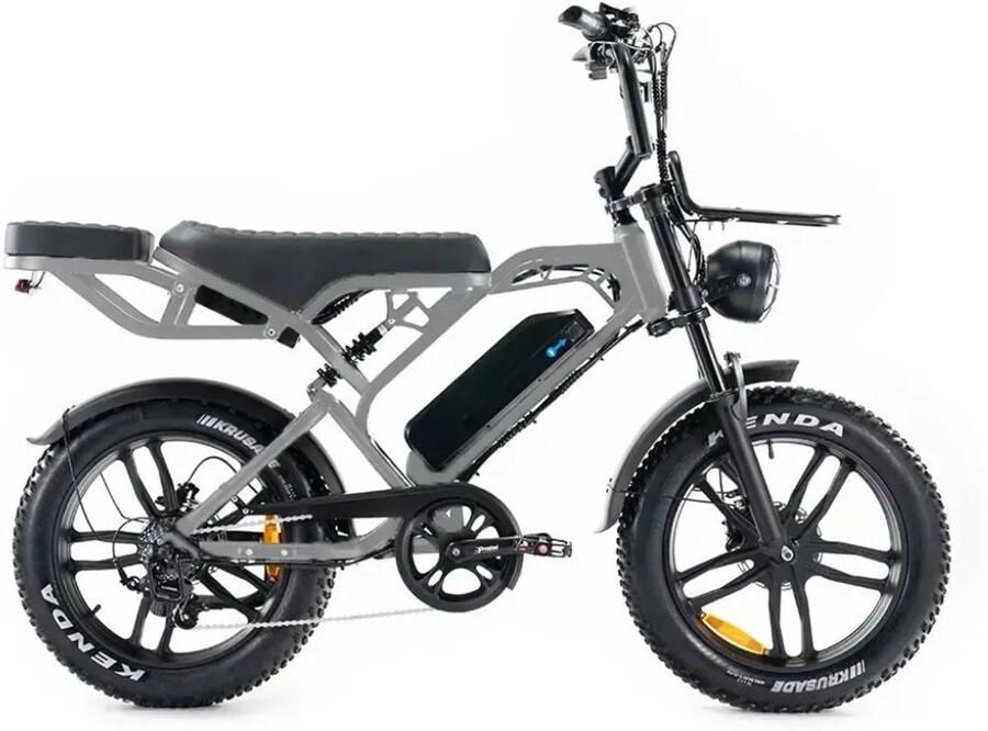 QmWheel V20 Pro Elektrische Fatbike Ingebouwd Alarmsystseem Inclusief Achterzitje Inclusief Voetsteuntjes Inclusief Voorrekje 20 Inch 250W Motor 7 Versnellingen 60 km Actieradius Hydraulische Schijfrem Grijs