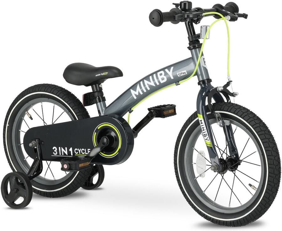 Qplay Miniby Luxe Kinderfiets 14 inch 3 in 1 Loopfiets Grijs