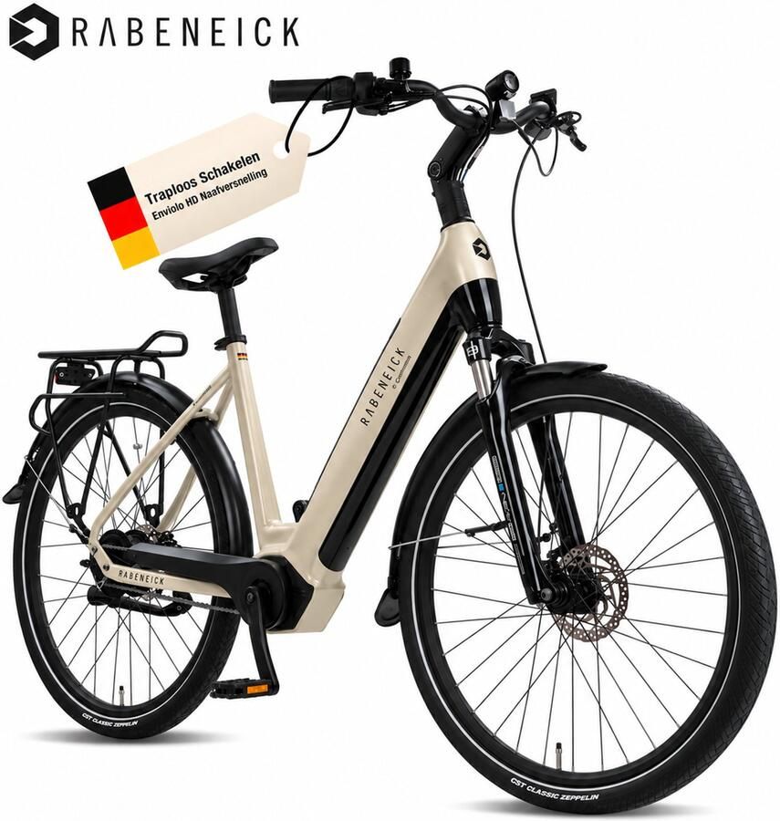 Rabeneick Enviolo HD Naafversnelling Traploze versnelling 75 Nm Middenmotor Comfort 28 Inch elektrische Fiets 522 Wh Accu 51 cm Wave Frame Elektrische Stadsfiets Maximaal 150 km Actieradius Pedelec en Champagnegoud