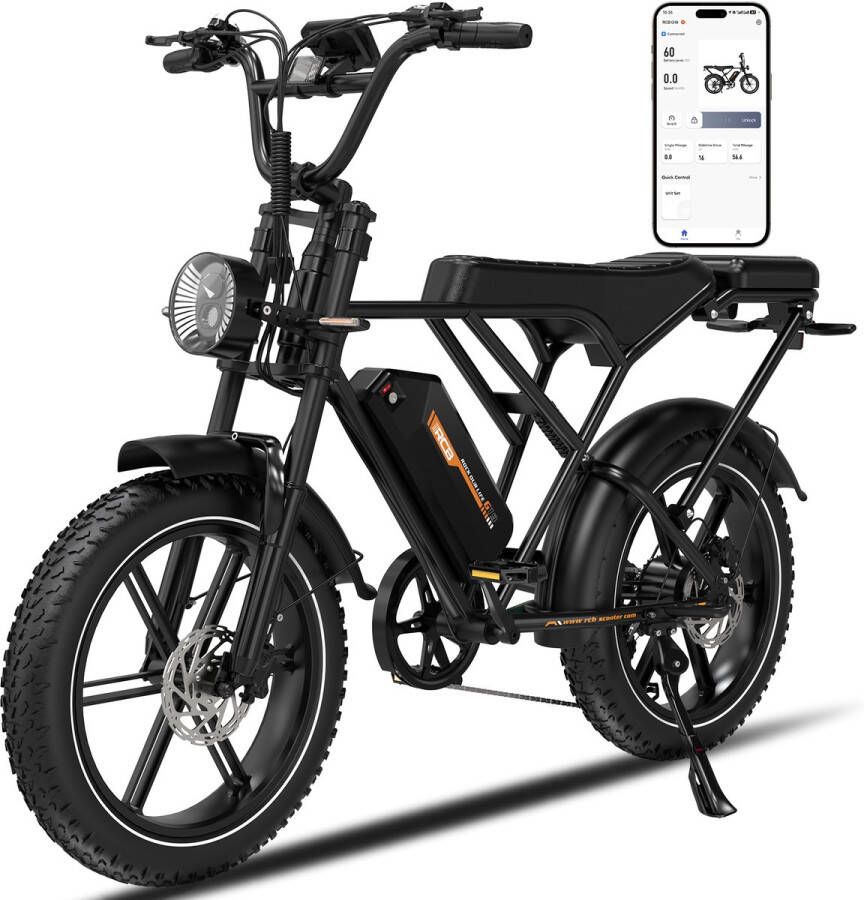 RCB Elektrische fatbike 48V 20.8Ah Mountainbike Actieradius 100km 25km u 250W motor 7 versnellingen met App en NFC -Zwart