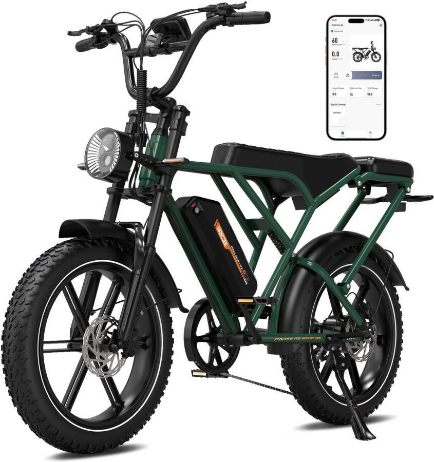 RCB Elektrische fatbike 48V 20.8Ah Mountainbike Actieradius 100km 25km u 250W motor 7 versnellingen met App en NFC -donkergroen