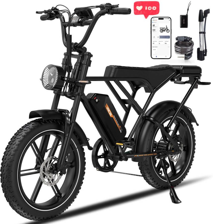 RCB Elektrische fatbike 48V 20.8Ah Mountainbike Actieradius 100km 25km u 250W motor 7 versnellingen met App en NFC -Zwart