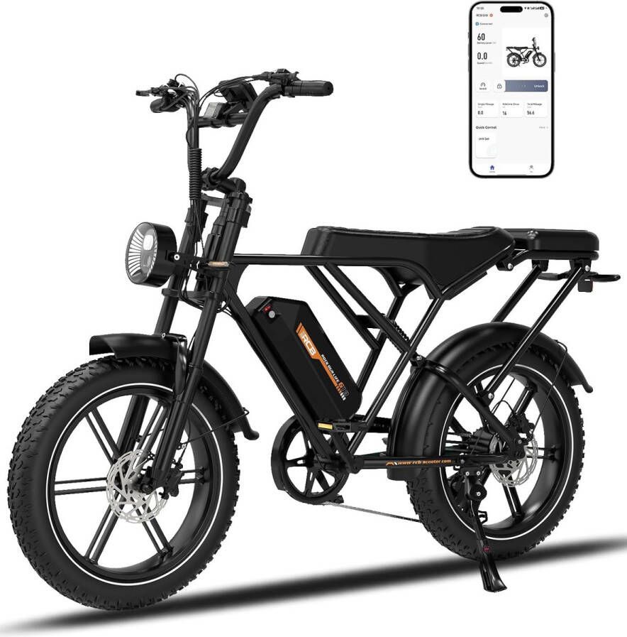 RCB Elektrische fatbike 48V 20.8Ah Mountainbike Actieradius 100km 25km u 250W motor 7 versnellingen met App en NFC -Zwart