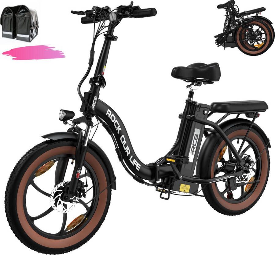 RCB RK6 Opvouwbare Elektrische Fiets – Robuuste Fatbike 20 Inch 250W 561.6Wh 7 Versnellingen Dubbele Schijfrem IP54 Waterbestendig 25 km h Met Bagagedrager Zwart