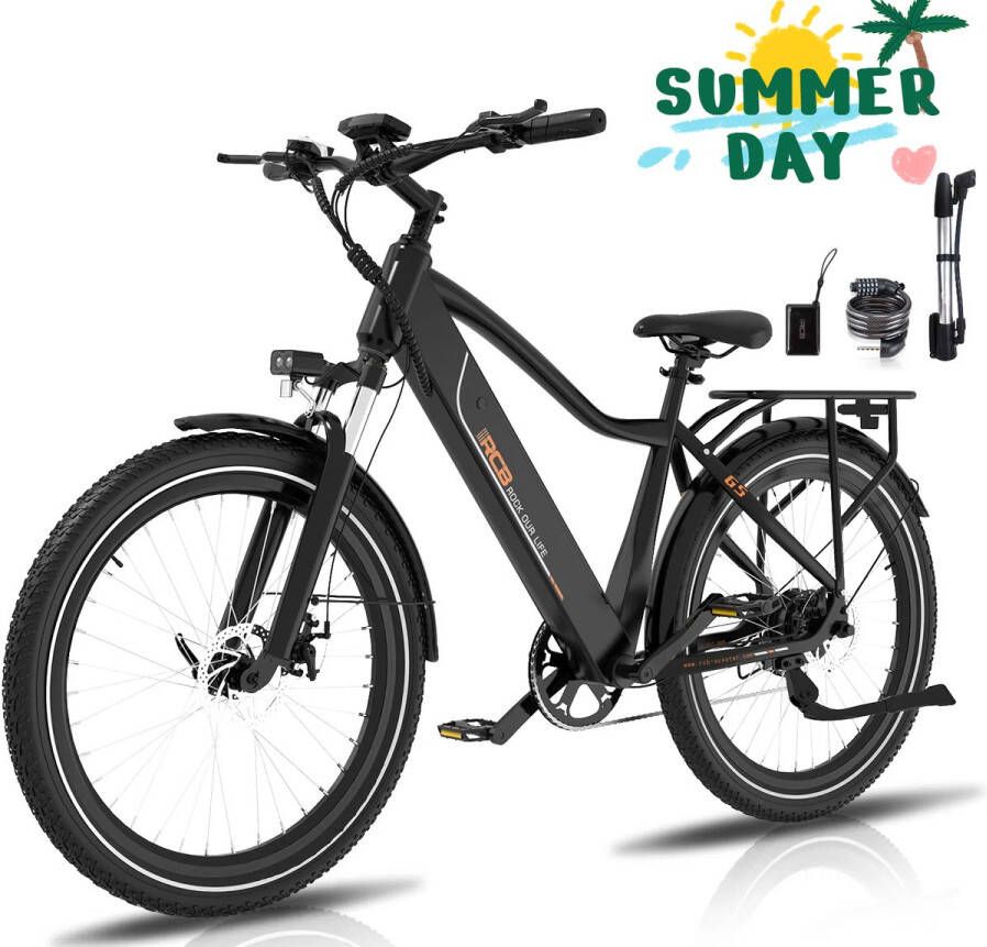 RCB G5 Elektrische Fiets Lichtgewicht Aluminium Frame 250W Motor 36V 10.4Ah Verwijderbare Batterij 7 Versnellingen Met App NFC & LCD Display Comfortabel & Roestvrij Voor Dames en Heren Actieradius 70km Zwart