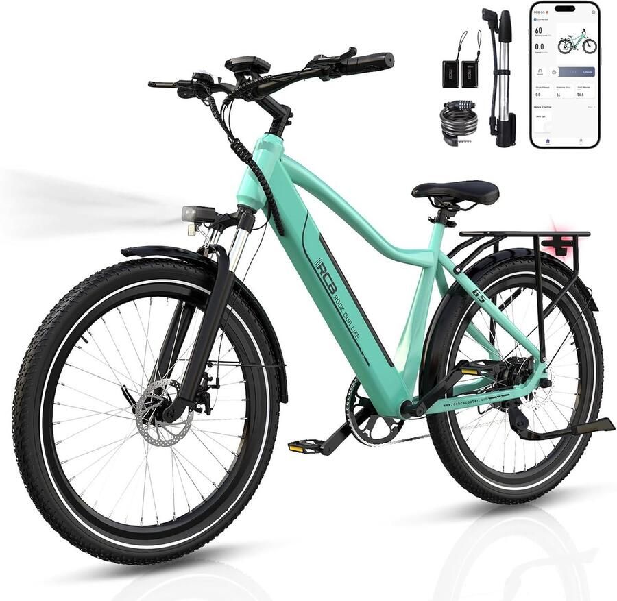 RCB G5 Elektrische Fiets Lichtgewicht Aluminium Frame 250W Motor 36V 10.4Ah Verwijderbare Batterij 7 Versnellingen Met App NFC & LCD Display Comfortabel & Roestvrij Voor Dames en Heren Actieradius 70km Zwart - Foto 4