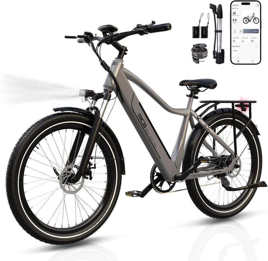 RCB G5 Elektrische Fiets 27.5 Inch Lichtgewicht Aluminium Frame 250W Motor 36V 10.4Ah Verwijderbare Batterij 7 Versnellingen Met App NFC & LCD Display Comfortabel & Roestvrij Voor en Actieradius 60km-zilver