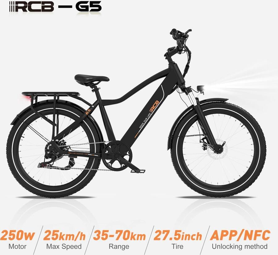 RCB G5 Elektrische Fiets Trendy 80km City Commuter EBike 250W 36V 13Ah Voorvorkvering 7 Versnellingen App NFC & LCD Lichtgewicht Aluminium Zwart