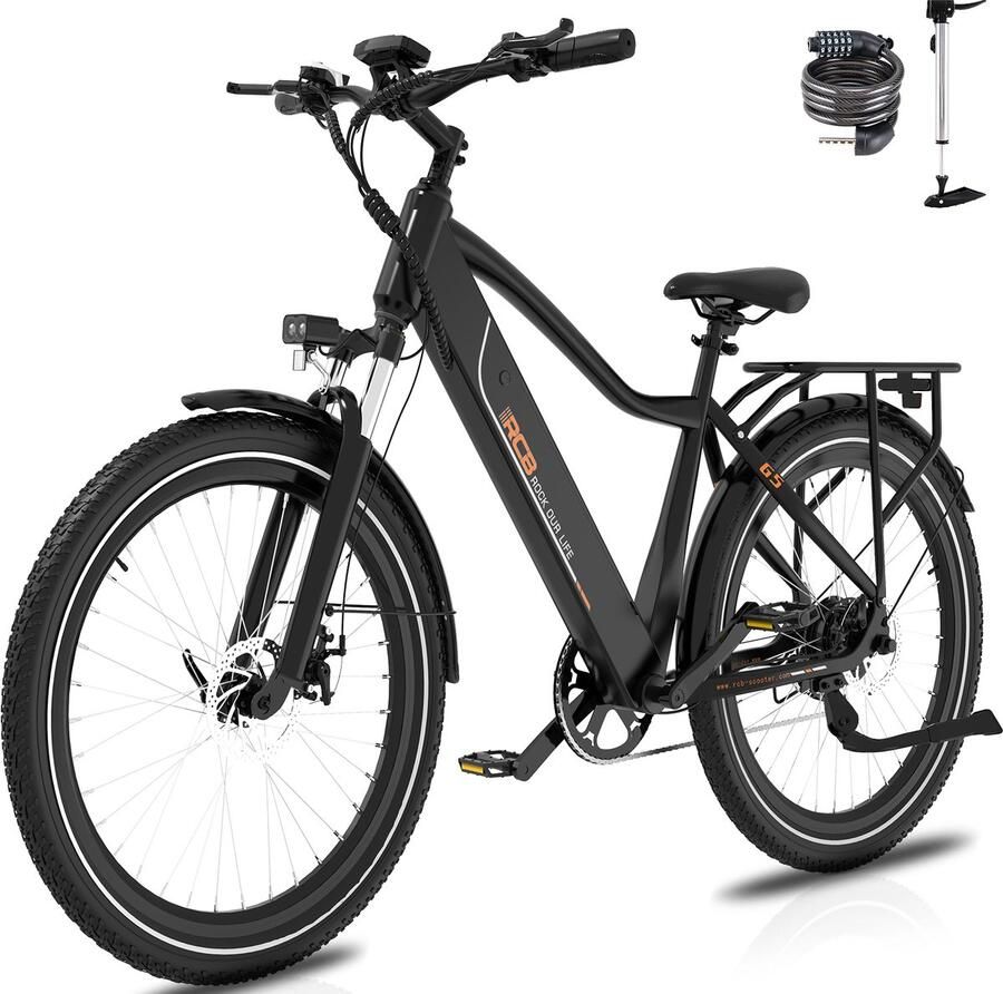 RCB G5 Elektrische Fiets Trendy 80km City Commuter EBike 250W 36V 13Ah Voorvorkvering 7 Versnellingen App NFC & LCD Lichtgewicht Aluminium Zwart