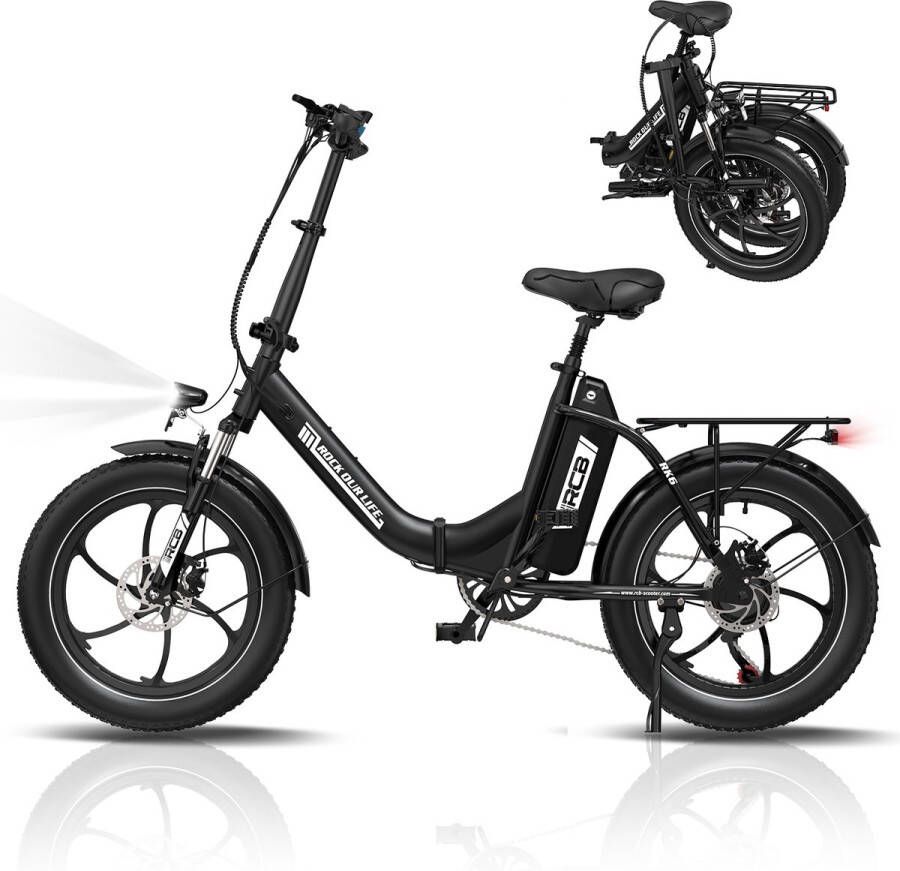 RCB RK6 Opvouwbare Elektrische Fiets – Robuuste Fatbike 20 Inch 250W 561.6Wh 7 Versnellingen Dubbele Schijfrem IP54 Waterbestendig 25 km h Met Bagagedrager Zwart