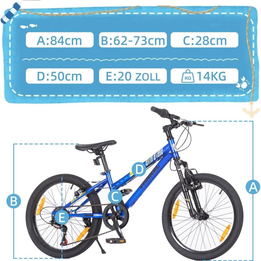 REDOM Kinderfiets 20 Inch 6 Versnellingen V-Brakes Voor En Achter Lage Instap Stalen Frame Blauw