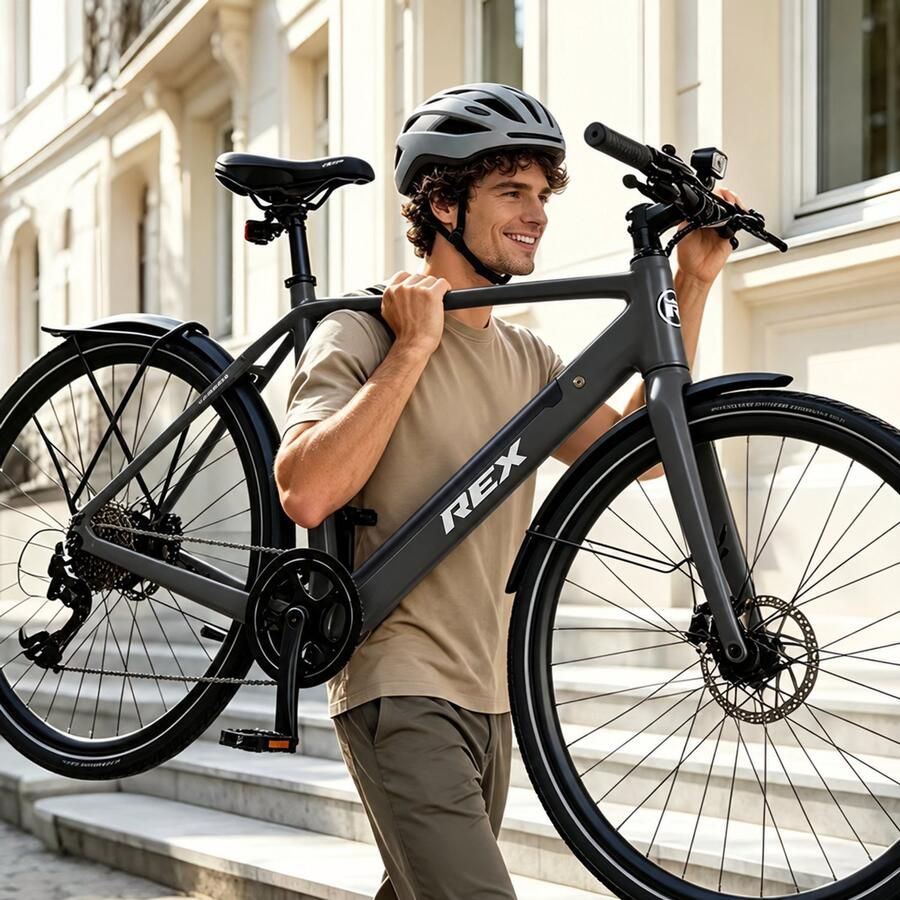 Rex 16 5 kg Lichtgewicht Carbon Frame Carbon Voorvork 28 Inch Elektrische fietsen 250W 40 Nm Achterwielmotor Shi o Deore 10 Versnellingen 52 cm Wave Frame Elektrische Stadsfiets en Grijs