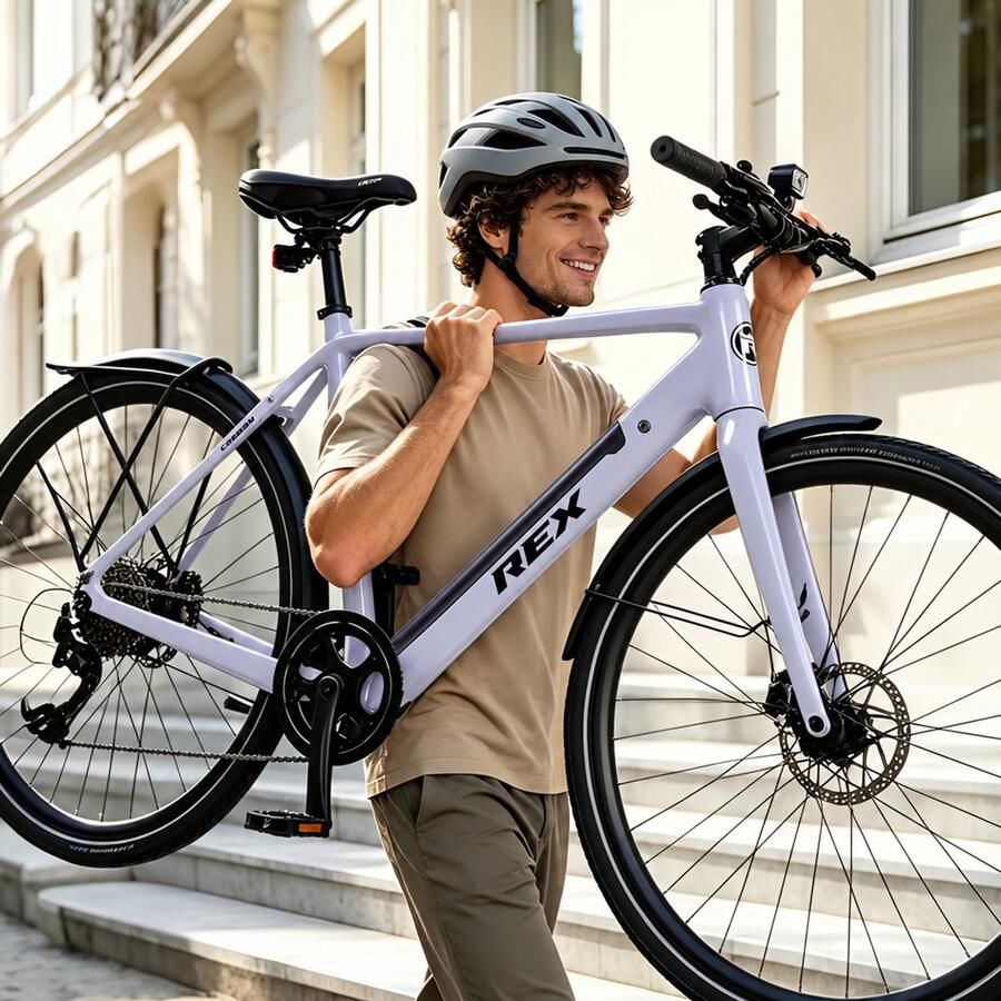 Rex 16 5 kg Lichtgewicht Carbon Frame koolstofvezelframe Carbon Voorvork 28 Inch Elektrische fietsen 250W 40 Nm Achterwielmotor Shi o Deore 10 Versnellingen 52 cm Wave Frame Elektrische Stadsfiets en Paars