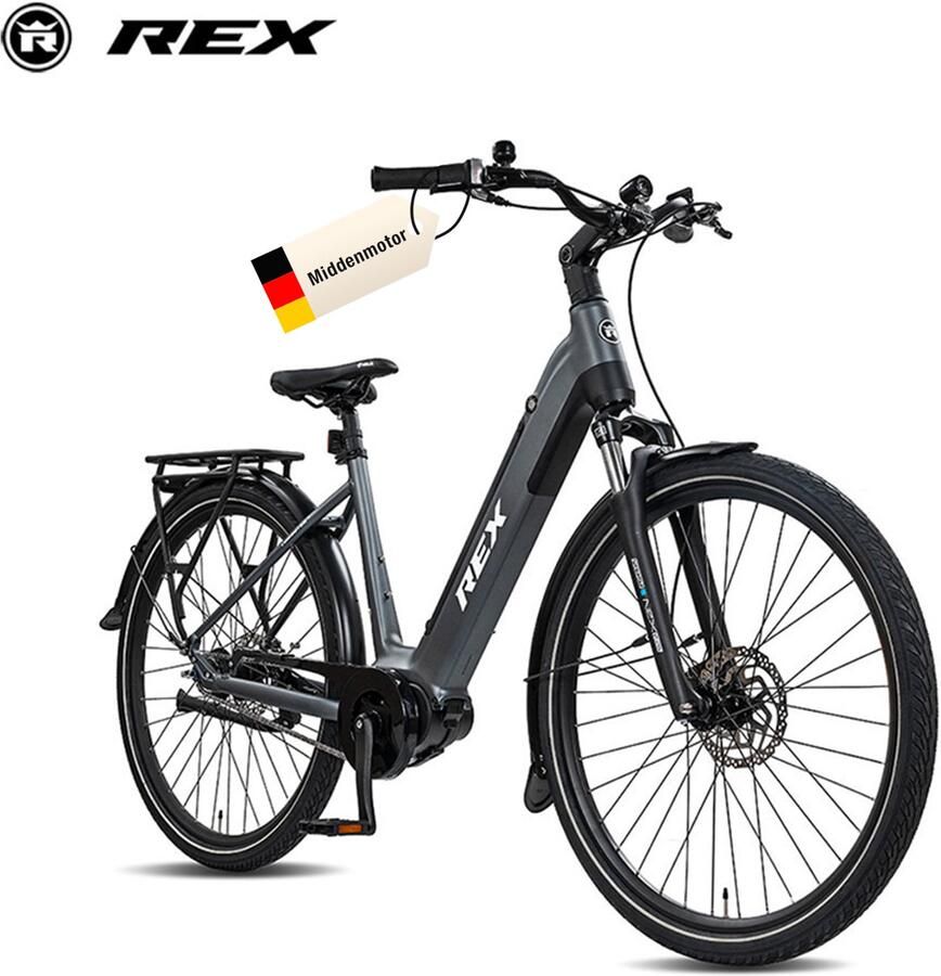 Rex Commuter+ Elektrische Fiets voor en 28 Inch Stadsfiets 70 Nm Middenmotor 250W 36V 468 Wh Accu Shi o 7 Versnellingen Hydraulische Schijfrem MIK-Gepäckträger Maximaal 120 km Bereik Grijs