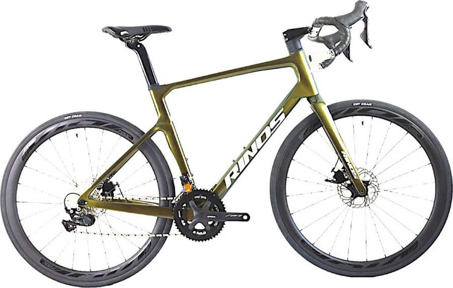 Rinos Odin3.0 Carbon Road RaceFiets met SHI O 105 ST-R7000 22 versnellingen en schijfrem lichte fiets voor en 700 x 40C Kameleon Goud Groent 58