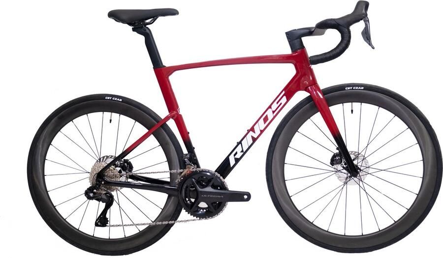 Rinos Odin 7.1 Carbon Road Racefiets met UCI Frameset met SHI O Ultegra Di2 24 versnellingen en schijfrem lichte fiets voor en -Wielen van koolstofvezel 700 x 40C Zwart en Rood S-52