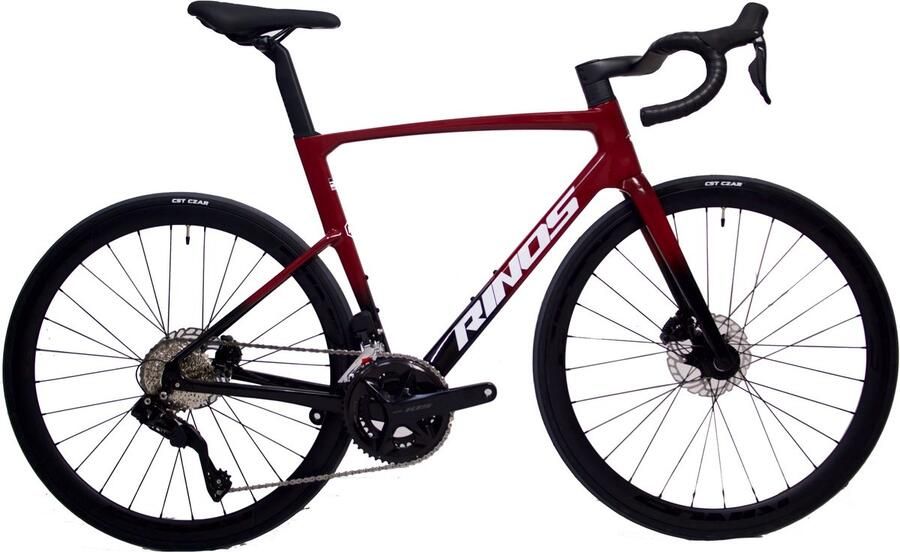 Rinos Odin6.1 Carbon Road Racefiets met SHI O Di2 24 versnellingen en schijfrem lichte fiets voor en Wielen van koolstofvezel -700 x 40C Rood en zwart S
