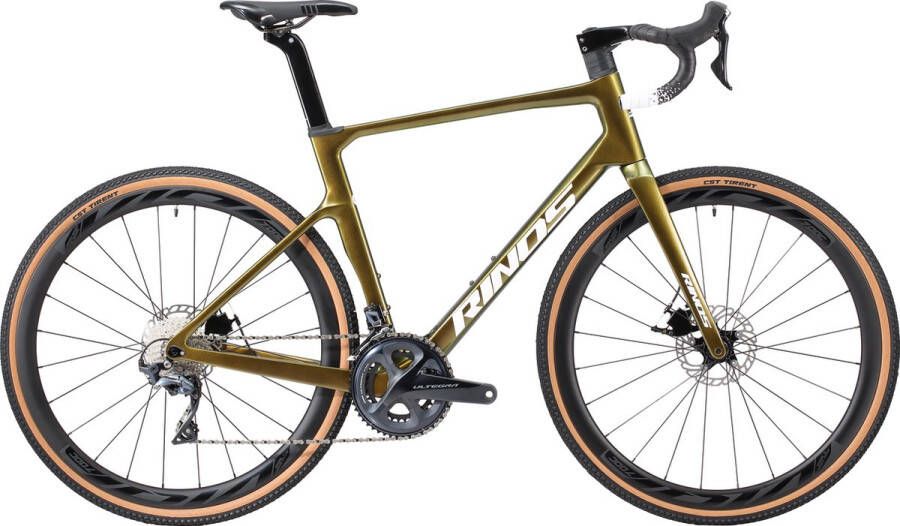 Rinos Sand 5.0 Carbon- GravelFiets Gravel bike met SHI O Ultegra R8000 22 versnellingen en schijfrem lichte fiets voor en Wielen van koolstofvezel 700 x 40C Kameleon Goud-Groen 58 cm