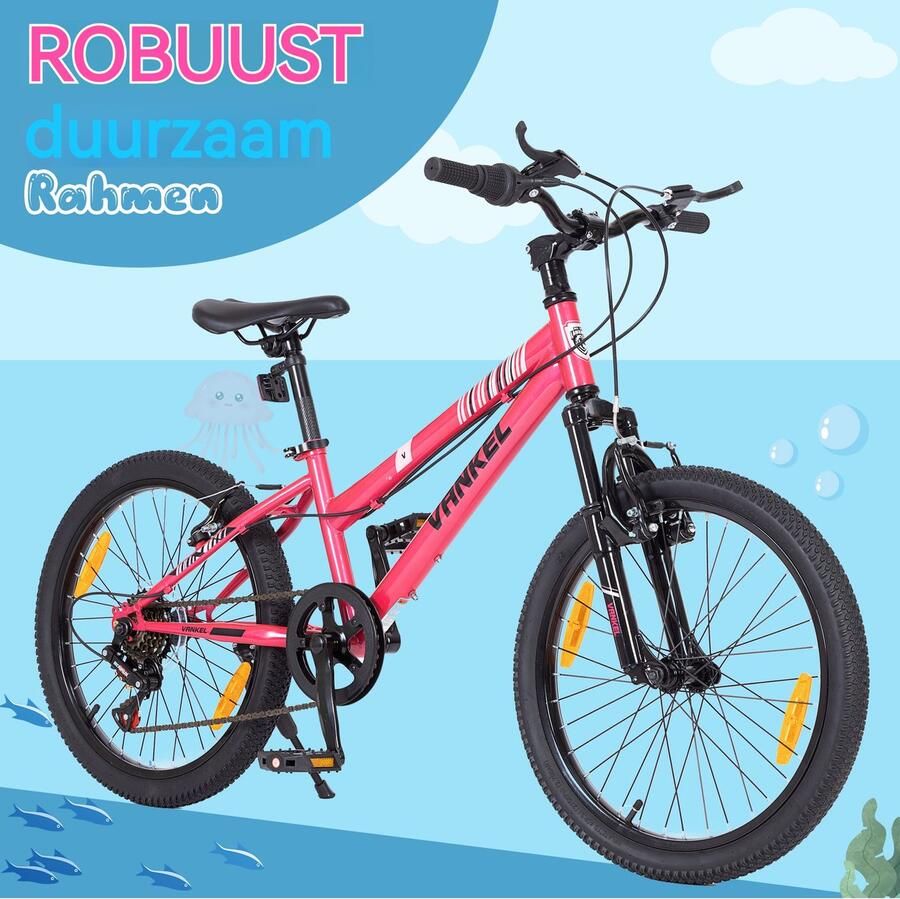 Rolipo Mountainbike 20 Inch Kinderfiets voor en 6 Versnellingen Met V-Brakes en Reflectoren Robuust Stalen Frame Geschikt voor 6-12 Jaar Kleur Roze Ideaal voor School en Vrije Tijd MTB Kind 110x58x84 cm