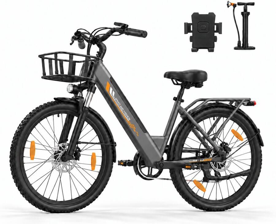 Runetic 26” Elektrische Fiets Motor 250W Actieradius 100km 36V 13AH Verwijderbare Batterij 25KM H Grijs