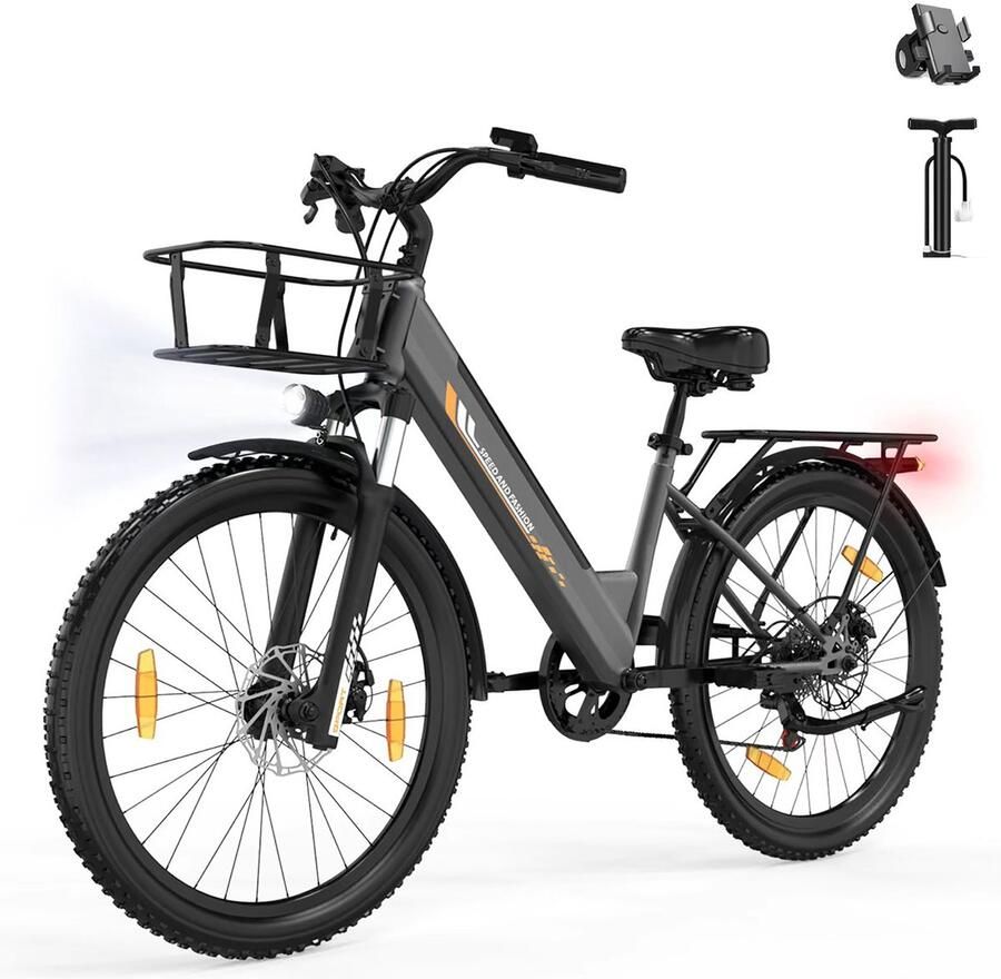 Runetic 26” Elektrische Fiets Motor 250W Actieradius 80km 36V 13AH Verwijderbare Batterij 25KM H Grijs