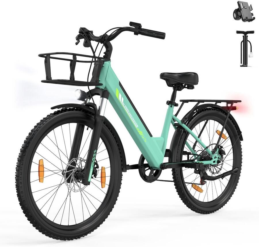 Runetic 26” Elektrische Fiets Motor 250W Actieradius 80km 36V 13AH Verwijderbare Batterij 25KM H Groente