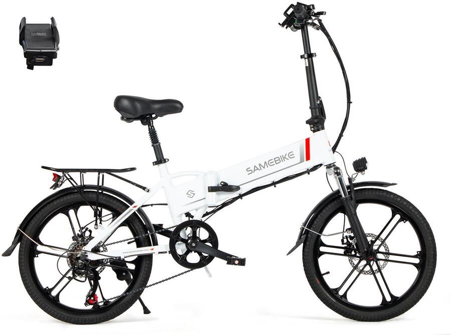 Samebike 20LVXD30 Elektrische Fiets – 250W Motor – 48V 10.4Ah Uitneembare Accu – 20 All-Terrain Banden – 7 Versnellingen – Opvouwbaar – Max 25 km h – LED Verlichting – Wit