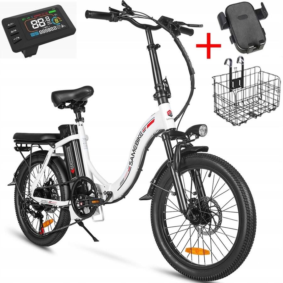 Samebike CY20 Elektrische Fiets – 20 Opvouwbaar 250W Motor 36V 12Ah Accu 7-Speed Shi o Korf & Standaard – Wit